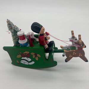 Vintage Wooden Christmas Solider Sleigh Reindeer Music Box Animated Jingle Bells